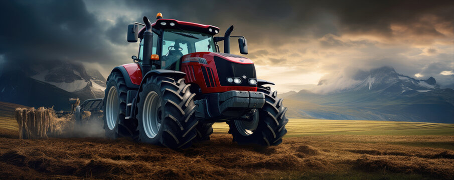 Fototapeta Farm equipment, tractor standing in the field. generative ai