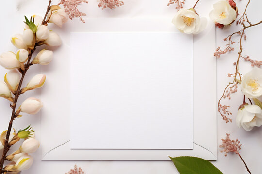 Blank white card with an envelope, surrounded by white and pink magnolias and cherry blossoms on a white background.