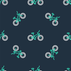 Line Bicycle icon isolated seamless pattern on black background. Bike race. Extreme sport. Sport equipment. Vector