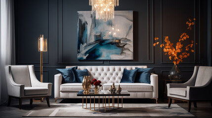 Comfortable living room with sofa, table, lamp and painting