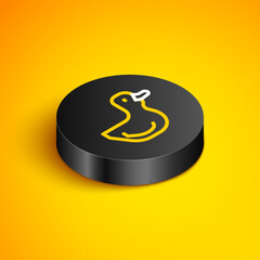 Isometric line Rubber duck icon isolated on yellow background. Black circle button. Vector