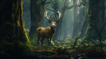 Male deer with an antler standing in a mystic forest created with Generative AI