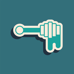 Green Honey dipper stick with dripping honey icon isolated on green background. Honey ladle. Long shadow style. Vector