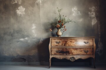 Ancient vintage classic dresser near dilapidated wall. Retro grunge home interior design of aged living room