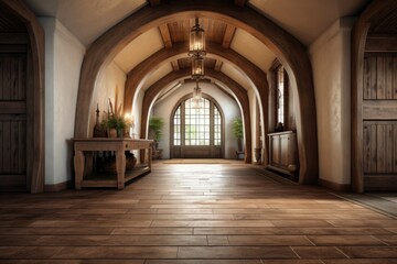 Fototapeta na wymiar Arched ceiling and timber beams in farmhouse hallway. Rustic style interior design of entrance hall in country house