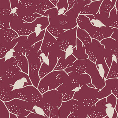 Red bird pattern with tree branches. White winter forest on a maroon background. Great for ornithology and birdwatching fans. Elegant spring and autumn silhouette. Seamless vector pattern.