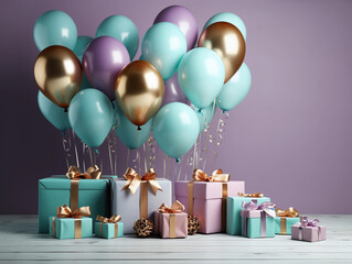 Birthday celebrations banner. Gift boxes and Bunch of balloons