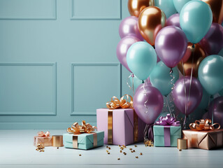 Gift boxes and Bunch of balloons on empty wall, Birthday card background