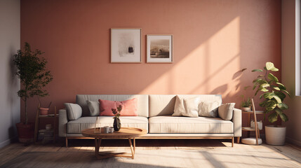 Comfortable living room with sofa, table, lamp and painting