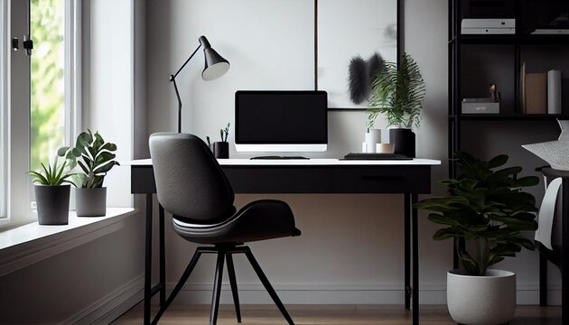 laptop on the table with whitewall and white chair in a beautiful room. Generative in ai