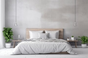 Bed against of grey empty wall with copy space. Nordic interior design of modern bedroom with greenery