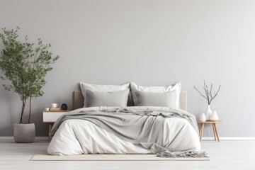 Bed against of grey empty wall with copy space. Nordic interior design of modern bedroom with greenery