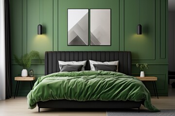 Bed with green bedding near white wall with black wainscoting and poster. Interior design of modern bedroom