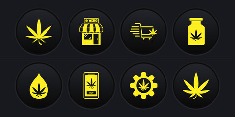 Set Marijuana or cannabis leaf oil, Medical bottle with marijuana, Online buying, Test tube, Shopping cart, and store, and icon. Vector