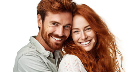 portrait of Irish 30 yo, red hair caucasian couple looking at camera. nice guys and lady restrained in emotions. Emotions, people concept