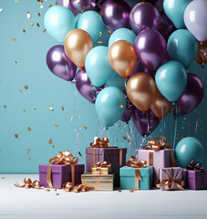 Birthday celebrations card. Gift boxes and Bunch of balloons 