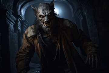 Werewolf is lurking in an old castle basement - obrazy, fototapety, plakaty
