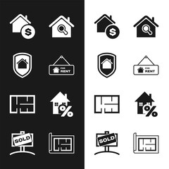 Set Hanging sign with For Rent, House under protection, dollar, Search house, plan, percant, and Sold icon. Vector