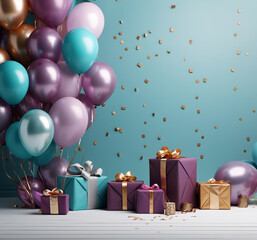 Birthday gift boxes and Bunch of balloons on blank wall background for text