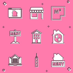 Set Online real estate house, Market store, House plan, Hanging sign with Rent, under protection, and Skyscraper icon. Vector