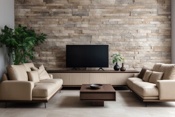 Beige leather sofa in room with stone cladding wall. Rustic interior design of modern living room with tv unit