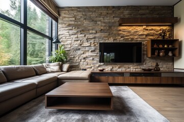 Beige leather sofa in room with stone cladding wall. Rustic interior design of modern living room with tv unit