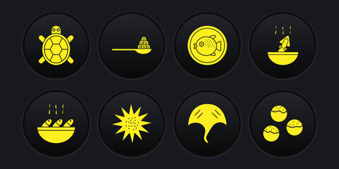 Set Fish soup, Soup with octopus, Sea urchin, Stingray, Puffer fish on plate, Caviar spoon, Takoyaki and Turtle icon. Vector