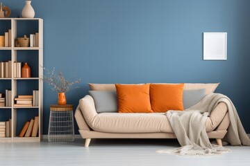 Beige loveseat sofa with orange pillows and blanket against blue wall and wooden bookcase. Scandinavian interior design of living room