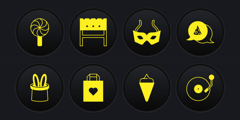 Set Magician hat and rabbit ears, Slice of pizza, Shopping bag with heart, Ice cream waffle cone, Festive mask, BBQ brazier, Vinyl player disk and Lollipop icon. Vector
