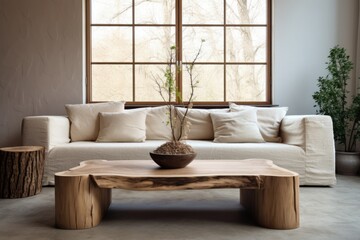 Beige sofa and rustic coffee table made from wood logs. Minimalist home interior design of modern living room