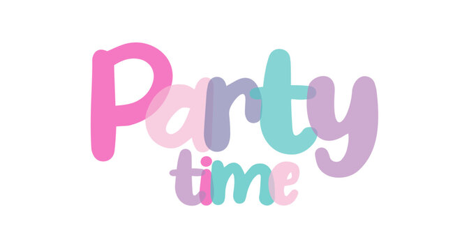 Party Time typography lettering background sign banner, label, sticker, text design, pink, purple, lilac, blue, white background, tag
