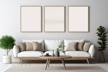 Beige sofa near white wall with three mock up poster frames. Mid century interior design of modern living room
