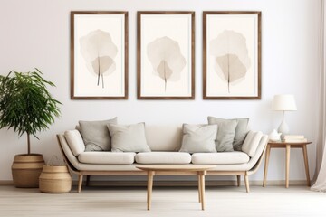 Beige sofa near white wall with three mock up poster frames. Mid century interior design of modern living room