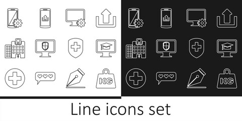 Set line Weight, Monitor with graduation cap, Computer monitor and gear, shield, Dental clinic, Setting smartphone, Medical cross and Smartphone upload icon. Vector