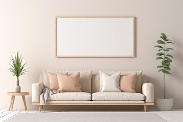 Beige sofa with terra cotta pillows against wall with empty mock up poster frame, Scandinavian home interior design of living room