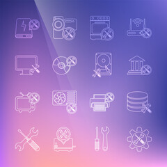 Set line Wrench and screwdriver in gear, Database server service, Bank building, Oven, CD or DVD disk, Computer monitor, Power bank and Hard icon. Vector