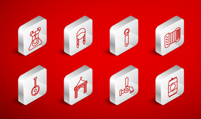 Set line Beer can, Braid, Bottle opener, Accordion, tap, Costume for women dirndl, Camping tent and Banjo icon. Vector