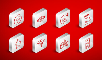 Set line Medicine bottle and pills, Reddish eye allergic conjunctivitis, Fatigue, Lungs, Inflammation face, Honeycomb with honey dipper and Runny nose icon. Vector