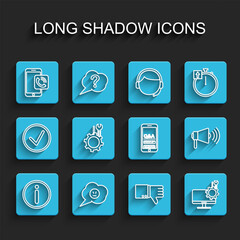 Set line Information, Speech bubble with angry smile, Mobile phone call, Dislike, Computer monitor service, Wrench and screwdriver in gear, Megaphone and Question Exclamation icon. Vector