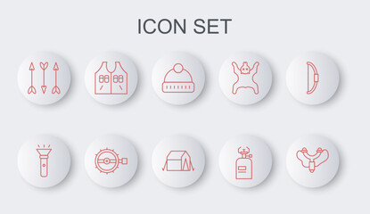 Set line Slingshot, Flashlight, Winter hat, Camping gas stove, Hipster arrows, Hunting jacket, Trap hunting and Tourist tent icon. Vector