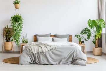 Bright room with wooden bed covered with grey bedding. Nordic interior design of modern bedroom with many green houseplants