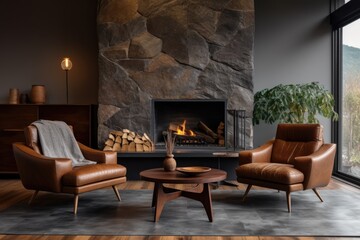 Brown leather chairs and grey sofa in room with fireplace. Mid-century style home interior design of modern living room