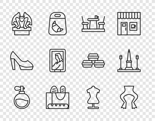 Set line Perfume, Frog legs, French cafe, baguette bread, Gargoyle on pedestal, Portrait in museum, Mannequin and Place De La Concorde icon. Vector