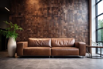 Brown leather sofa against tiled mosaic wall. Loft interior design of modern living room