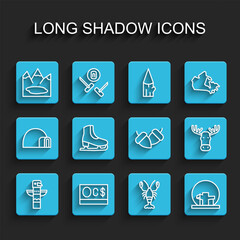 Set line Canadian totem pole, dollar, lake, Lobster, Montreal Biosphere, Skates, Moose head with horns and Acorn icon. Vector