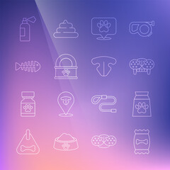 Set line Bag of food for pet, Cat tooth, Location veterinary hospital, Canned, Fish skeleton, Pet shampoo and nose icon. Vector