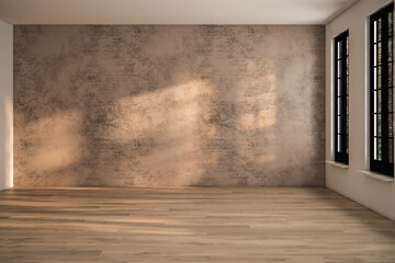Empty room interior background, brown stucco wall, white wall, window and wooden floor