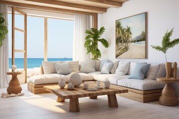 Coastal, Mediterranean style interior design of modern living room with corner sofa and wooden side tables