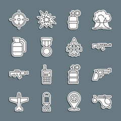 Set line Helicopter, Pistol or gun, Submachine, Hand grenade, Military reward medal, Target sport and Jet fighter icon. Vector