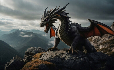 A fierce dragon on rock mountain with sky background.